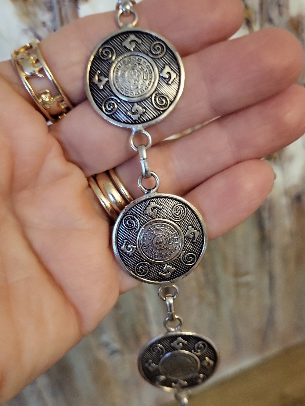 Vintage Mexican Sterling Silver Aztec Sun stone Medallion Link Bracelet